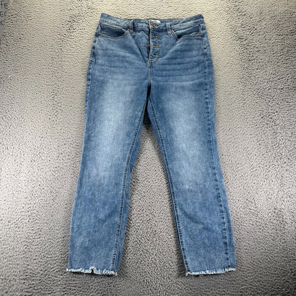 LC Lauren Conrad Jeans Women 14 Blue Denim Ankle Skinny Button Fly Raw Hem Faded